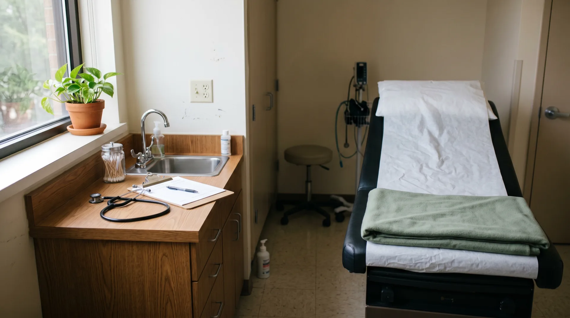 Exam room, hands, scrubs, or clinic interior
