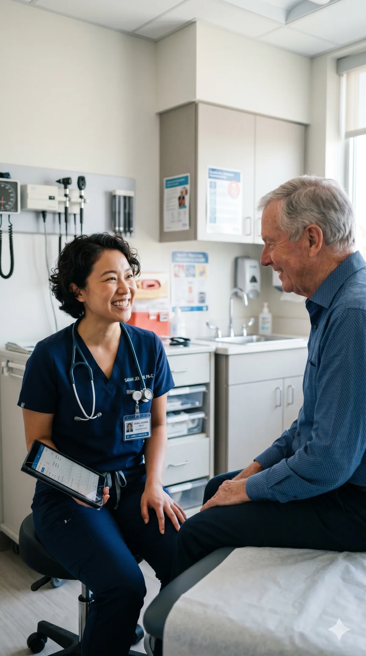 A Physician Assistant in scrubs talking with an older patient in an exam room